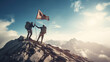Two young men climbed to the highest peak and planted flags to mark their success. Teamwork of two men hiker helping each other on top of mountain climbing. Ai generate 