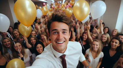 Handsome office team guy taking a selfie photo, celebrating an event with members 