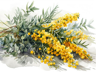 Wall Mural - mazzo di mimose per la festa della donna su sfondo bianco scontornabile, stile acquerello