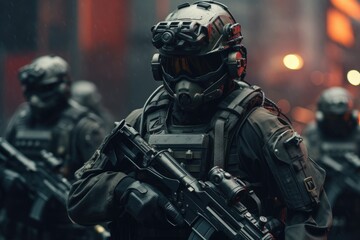 Wall Mural - Futuristic army Combatants in a Firefight with Rifles and Photo Realistic Image of Soldier in Full Gear in Night AI Generated