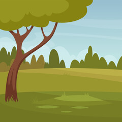 Wall Mural - Forest glade. Green outdoor landscape in woods. Vector illustration in cartoon style