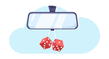 Rearview mirror with dangling cubes. Automobile behind reflection. Auto transportation. Drive visibility. Road reflect. Glass frame for vehicle back control. Handing dices. Vector concept