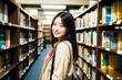 図書館の通路で振り返り微笑むかわいいアジア人女性