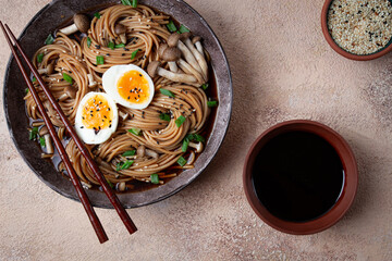 buckwheat noodles, soba, with shimeji mushrooms, boiled egg, green onion, homemade, no people,