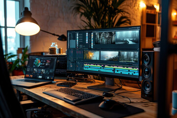 freelance desktop with laptop computer and monitor review for editor work with content video