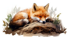 Sleeping Little Fox Watercolor. Watercolor Animal Background.