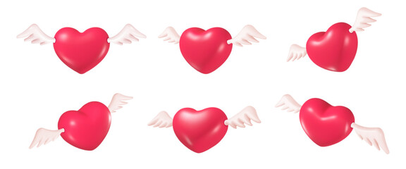 Wall Mural - 3d heart wings. religious hearts cherub angel, red decorative love symbol fly air wing for valentine