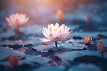 Wall Mural - Beautiful pink waterlily or lotus flower in pond.