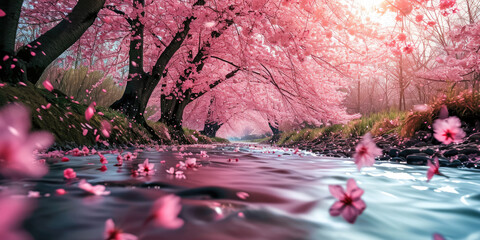 Sakura blossoms against the background of the river. Hanami. AI generation.