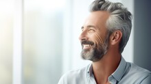 Caucasian middle aged smiling man in trendy casual clothes head shot portrait. Positive happy guy feels optimistic. Handsome confident mature good looking male laughing feeling excited close up shot..