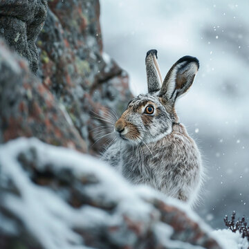 Mountain Hare on Snowy Hillside