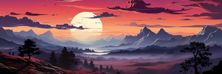 Wall Mural - wide panoramic landscape Illustration scenery drawing with evening sun dawn with colorful warm effect and clouds awith bright sky through mountain range landscape  