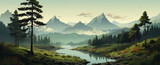 Fototapeta  - wide panoramic landscape Illustration scenery drawing, morning sunrise with colorful cool bluish effect and clouds with bright sky through foggy, greeny mountain range coved with forest