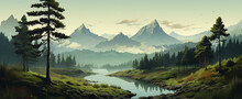 Wide Panoramic Landscape Illustration Scenery Drawing, Morning Sunrise With Colorful Cool Bluish Effect And Clouds With Bright Sky Through Foggy, Greeny Mountain Range Coved With Forest