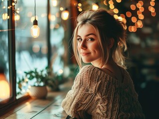 Beautiful satisfied woman in a cafe