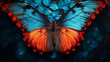 a striking butterfly with its wings fully spread, exhibiting a vivid mix of red and blue colors against a dark backdrop with blue foliage.