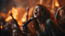 Metal Artist, Rock Singer Performing At The Outdoor 
Musical Show Stage Middle Of The Audience With People And Fire Lighting Around   