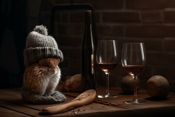 Wall Mural - a hamster wearing a hat and scarf next to a bottle of wine and a vase on a wooden table with a brown wall in the background.  generative ai