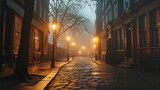 Fototapeta Londyn - lantern lit foggy london or european street 