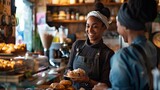 Fototapeta  - Smiling Female Baker Serving Customer in Bakery Shop