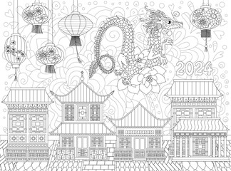 Wall Mural - coloring book page for adults and children. Chinese town with dr