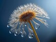Beautiful dew drops on a dandelion seed macro. Beautiful blue background