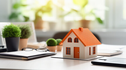 Sticker - Small model house on a table with real estate paperwork