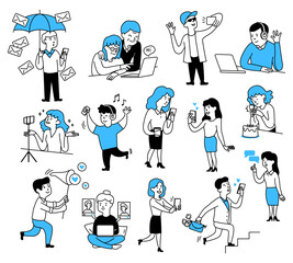 Poster - Doodle people. Sketch line characters. Social media influencer. Adult couple meeting. Online communication. Dating app. Spam letters. Phone messenger. Vector cartoon drawing persons set
