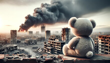 Kids' Teddy Bear Toy Over A City Burned Destruction Scene, Representing The Aftermath Of A War Conflict