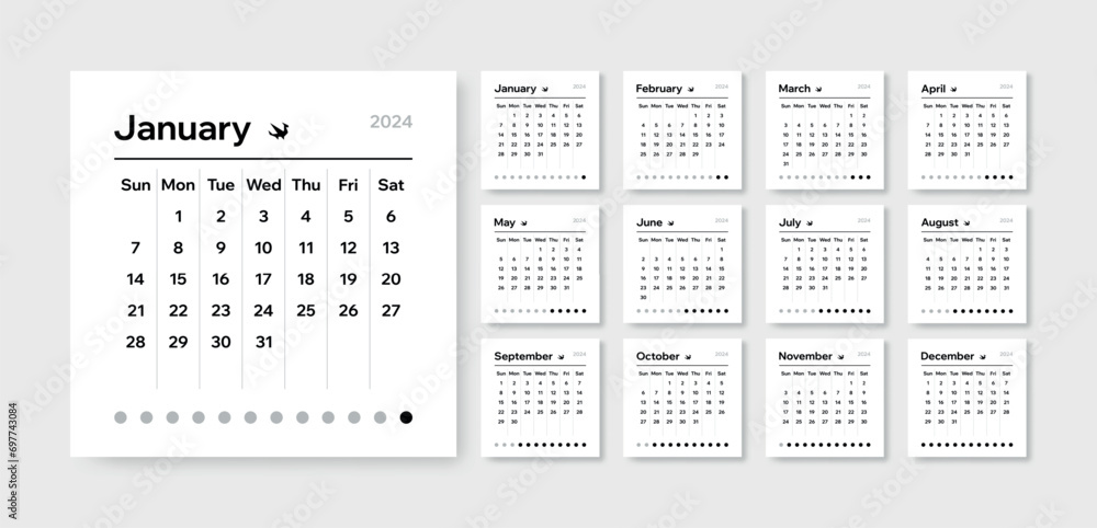 Calendar minimalistic 2024. Year calends, month template, date and week graphic design for table or wall. Layout organizer paper sheets. Business design. Office schedule page. Vector planner