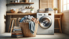 Laundry Clothes Pile In A Wicker Basket At A Bathroom Or Utility Counter Next To A Washing Machine