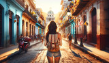 Fototapeta Uliczki - a girl traveler on a city street in cuba