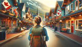 Fototapeta Uliczki - a girl traveler on a city street in canada