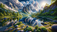 A Realistic Landscape Of A Tranquil Lake With Mirror-like Reflections And Lush, Detailed Vegetation
