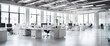 Dynamic Workspace: Abstract Blurred Office Interior with Bokeh Lights, Enhancing the Professional Appeal of Business Designs - Blurred Empty Open Space Office - Abstract Light Background