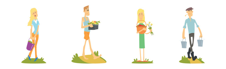 Wall Mural - Man and Woman Local Farmer Character with Crop Vector Set