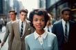 Retro style African American from 1960s walking to work with beautiful old-fashioned clothes.