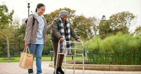 Poster - Nurse, support and walker with old woman in park for helping, person with a disability and retirement. Elderly care, nursing and rehabilitation with caregiver and patient in nature for healthcare