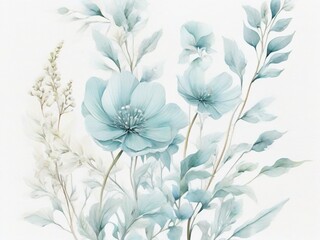  Watercolor illustration of wildflowers, plants, and leaves. Pastel green and blue colors on a white backround. Floral border.
