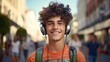 Genuine photo of cheerful adolescent guy with dental braces listening to music gazing at viewer while standing on sidewalk, with companions in the backdrop. Optimistic way of living, summertime idea.