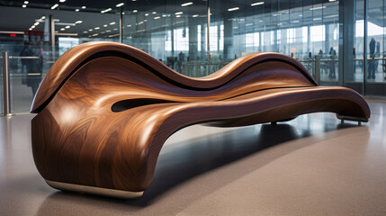 Wall Mural - A contemporary, arched wood seat in the terminal interior view.