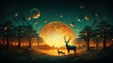 Fototapeta  - Fantasy landscape with trees, deer and moon.