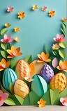Fototapeta Dinusie - easter background with eggs and flowers
