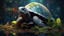 Turtle With A Globe On A Dark Background.