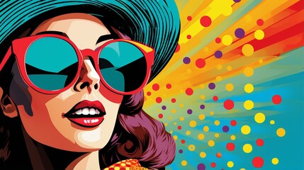 Wall Mural - Retro pop art style portrait of woman in sunglasses against vibrant background, allure of vintage aesthetics evoking nostalgia for past and symbolizing spirit of bygone eras of retro fashion