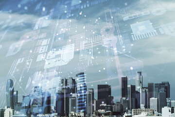 Wall Mural - abstract virtual coding illustration on los angeles cityscape background, software development conce