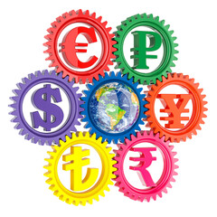 Poster - Global Currency gears, conversion and exchange of currencies, concept. 3D rendering isolated on transparent background