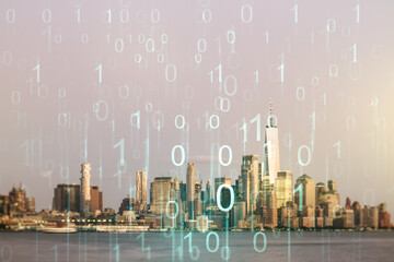 Wall Mural - Abstract virtual binary code hologram on New York cityscape background, AI and machine learning concept. Multiexposure