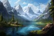 A tranquil view of a scenic lake, vibrant woods, and imposing peak. Generative AI
