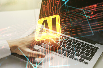 Wall Mural - double exposure of creative artificial intelligence icon with hands typing on laptop on background. 